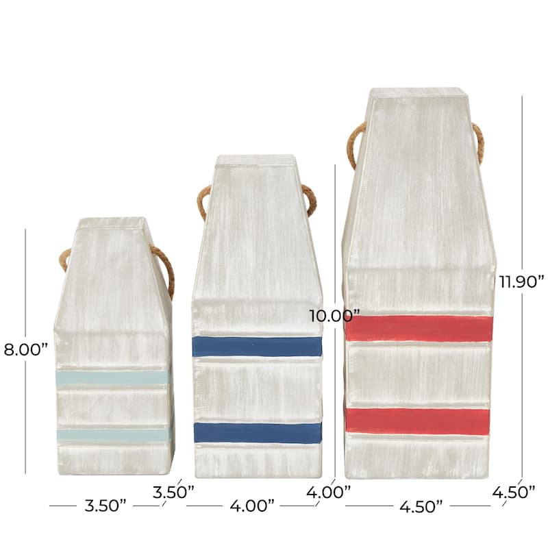 Gray or White Metal Striped Buoy Sculpture with Rope Handles (Set of 3)
