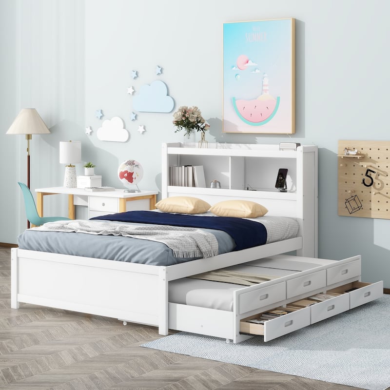 Full Size Platform Bed with Trundle, Drawers, USB Plugs, and Storage Shelves, White