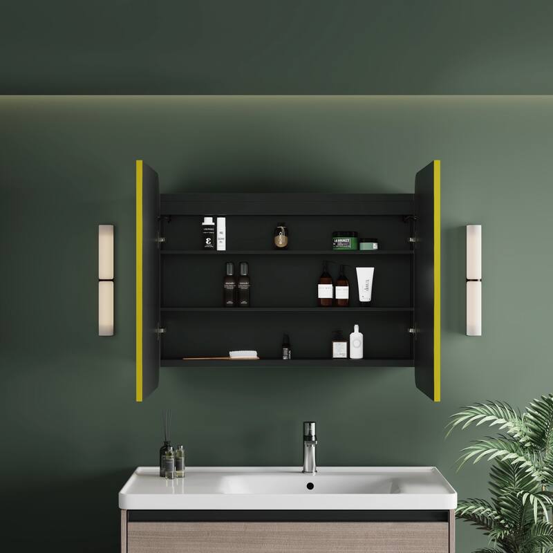 32 in. W x 30 in. H Rectangular Iron Recessed/Surface Medicine Cabinet with Mirror, Anti-Fog, Fixed Iron Shelves, Gold