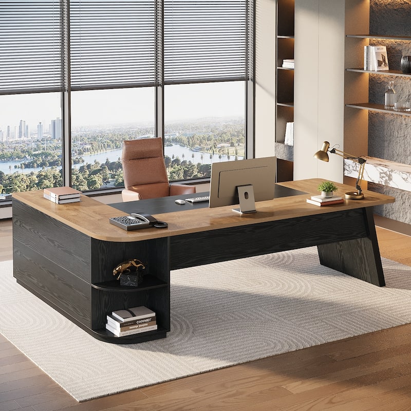 79 Inch Office Executive Desk with File Cabinet, L-Shaped Corner Desk with Storage Shelves for Home Office