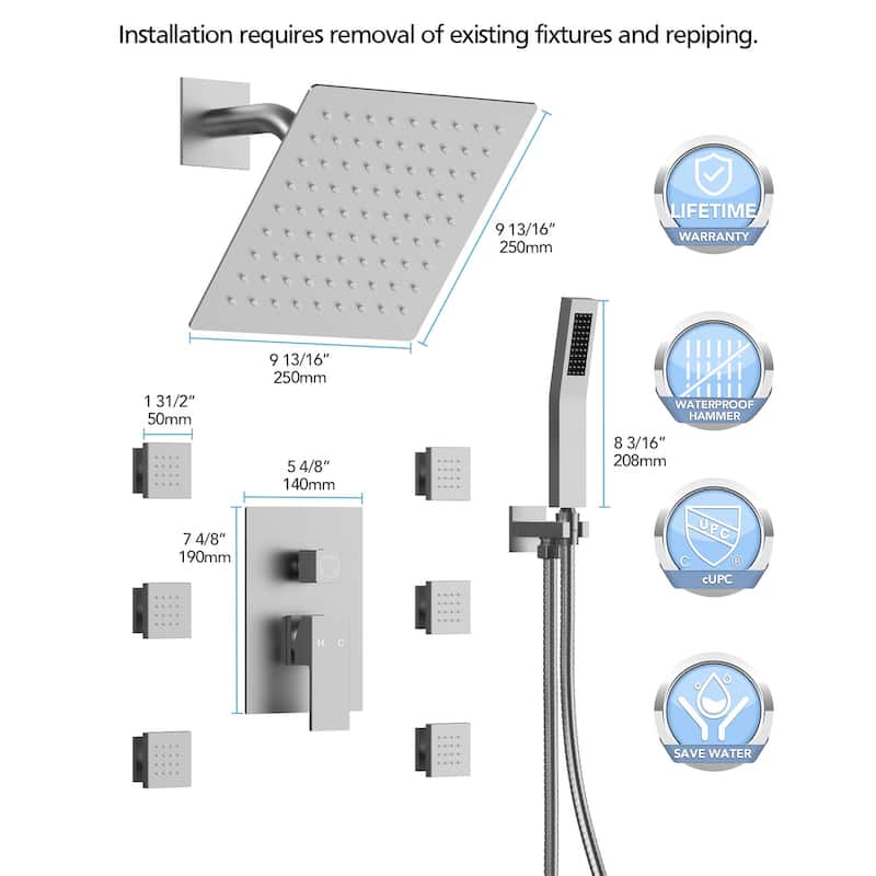 10" High-Pressure Balanced Rainfall Shower System with Handheld Spray & 6 Body Jets