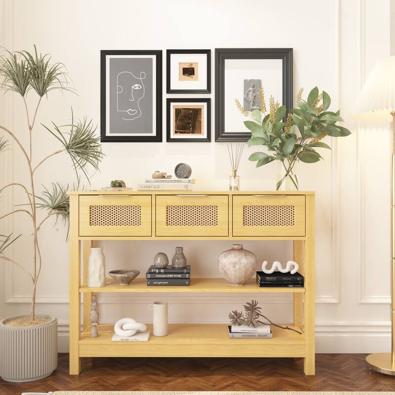 43.3" Sofa/Console Table - with 3 Top Drawers and 2 Open Shelves, Farmhouse Style