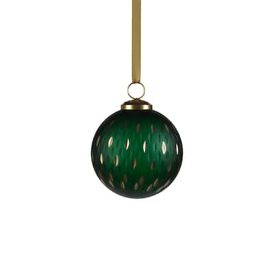 4" Green Frosted & Etched in Gold Glass Ornament 3", Set of 6