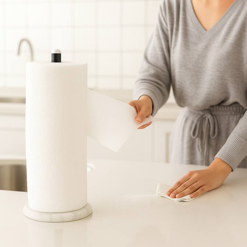 Creative Home White Marble Upright Paper Towel Holder with Black Metal Pole