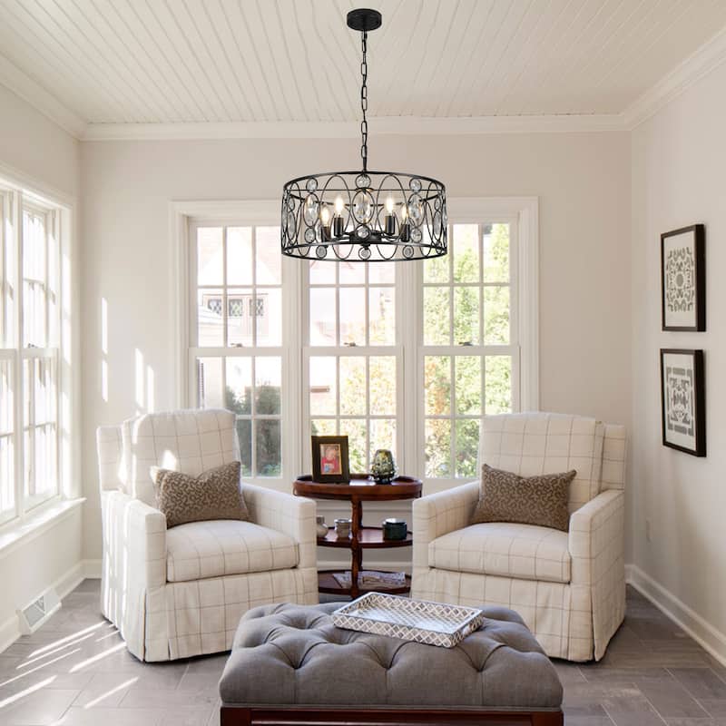 CurveCurio 20" Luxury Matte Black Vintage Caged Chandelier w Crystal Accent, 5-Light and 70" Adjustable Hanging Chain