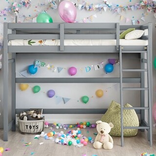 Twin Size High Loft Bed with inclined Ladder and Guardrails, Grey