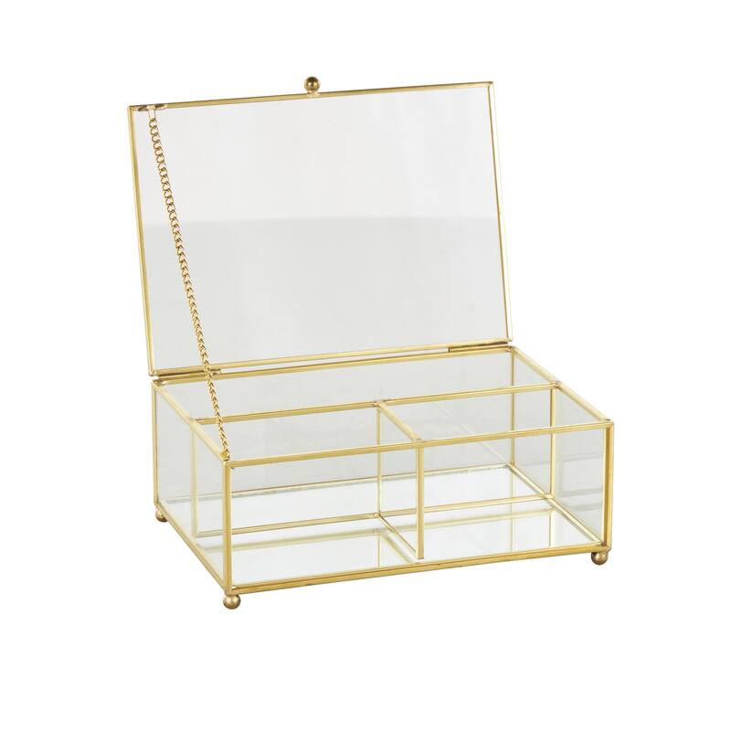 Glass 3 Slot Decorative Jewelry Box with Gold Metal Frame and Chain Accent - Clear - Roche River Decor