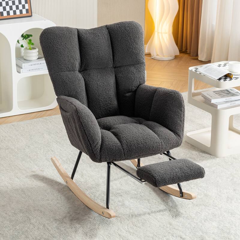Teddy Fabric Leisure Rocking Chair With Adjustable Footstool - Gray