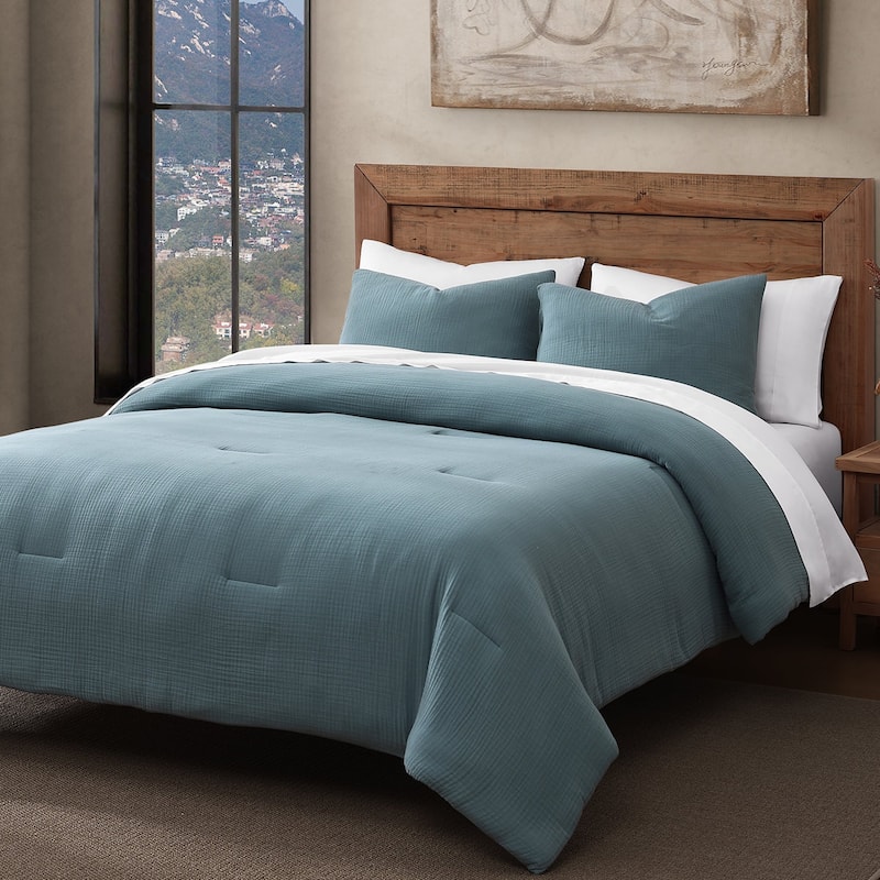 HiEnd Accents 100% Cotton Voile Muslin Gauze Soft and Lightweight Bedding 3 Piece Comforter Set - Storm Blue - King