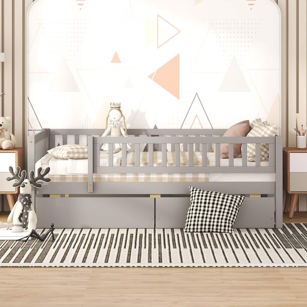 Guestroom Full Size Daybed Wooden Frame Platform Bed with Pull-out Drawers and Guardrail, Storage Panel Bed for Kids