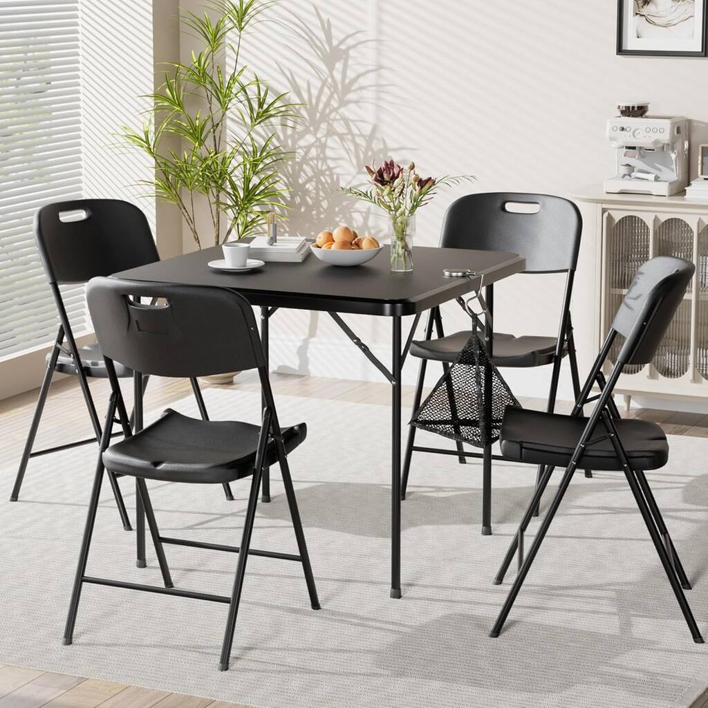 VECELO Black Folding Chairs Set, Metal Dining Chairs, Indoor/Outdoor Use Plastic Seat with Steel Frame