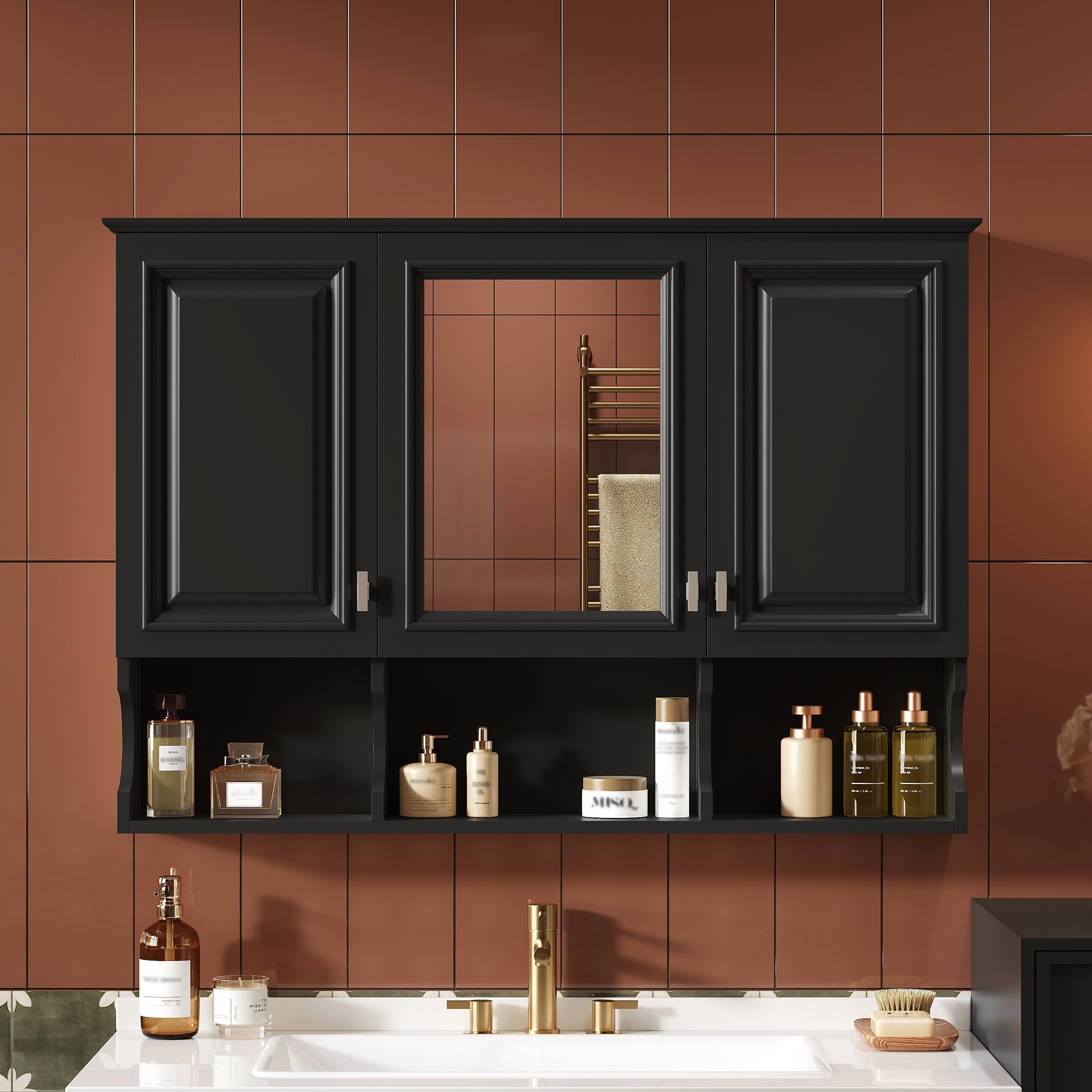41 Inch Mirror Medicine Cabinet with Open Shelves, Wall Mounted Home Storage with Doors & Mirror, Adjustable Shelf