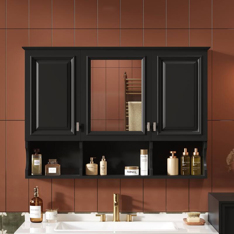 Roomfitters 41 Inch Mirror Medicine Cabinet with Open Shelves, Wall Mount Storage with Adjustable Shelf & Doors - Black