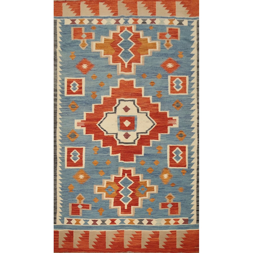 Hand Woven Oriental 100% Wool Carpet Southwestern Tribal Navy Blue & Blues Kilim Area Rug - 8' 2'' X 4' 11''