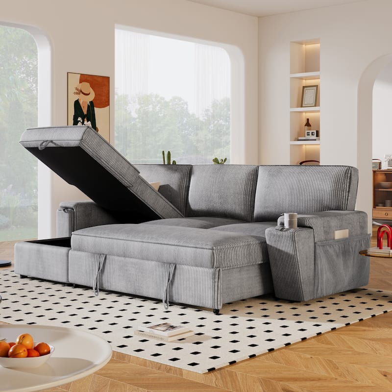 Merax Upholstery Sleeper Sectional Sofa with Storage Bags and 2 Cup Holders - Grey