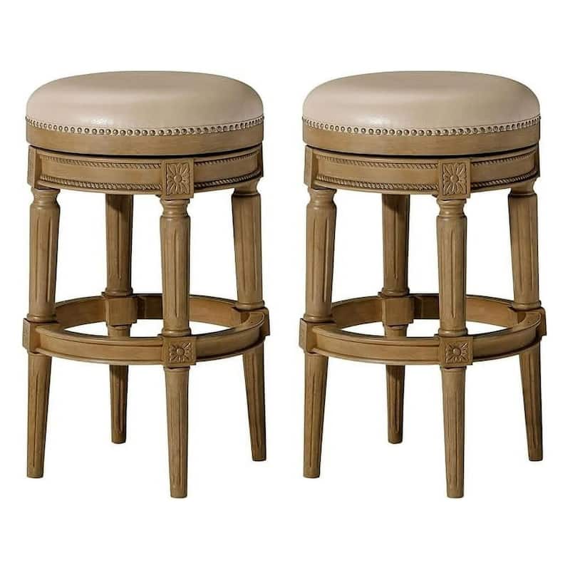 Maven Lane Pullman Backless Swivel Kitchen Stool - Set of 2 - Weathered Oak Vegan Leather - Bar Height