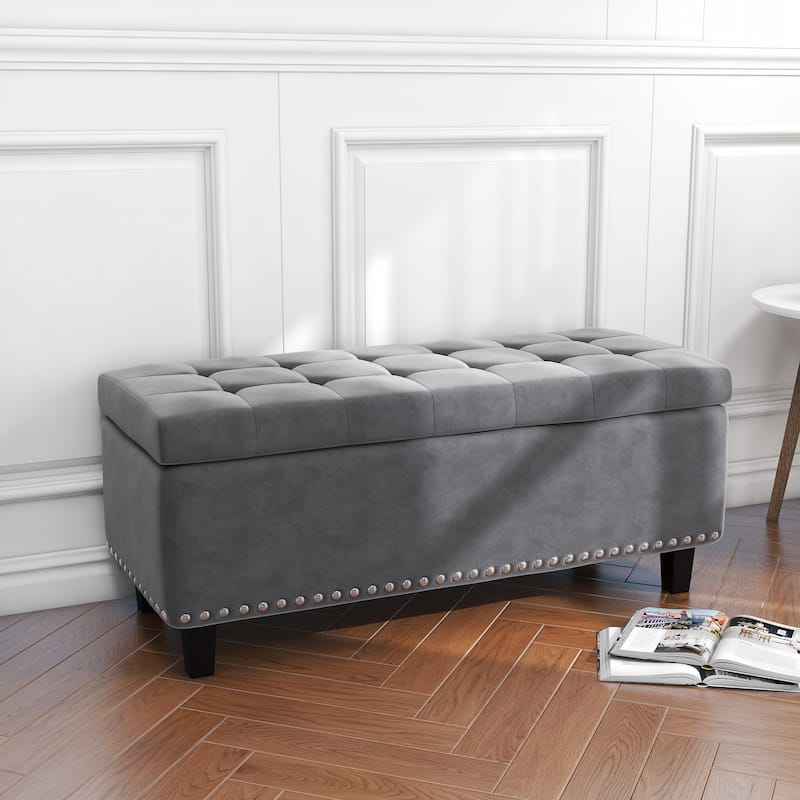 Modern Velvet Button Tufted Rectangle Storage Ottoman
