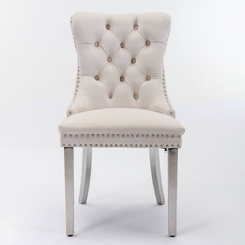 Set of 2 Contemporary High-End Tufted Upholstered Dining Chair with Nailhead & Stainless Steel Legs