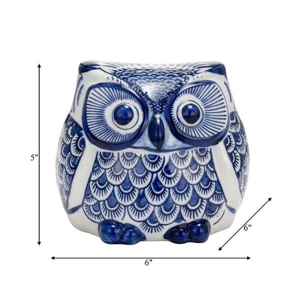 Ceramic Chinoiserie Handpainted Owl Figurine - Blue