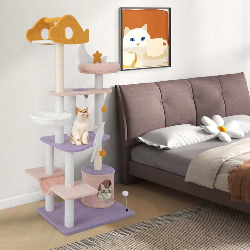 66 Inch Tall Cute Cat Tower with Sisal Covered Scratching Posts - 27" x 19" x 66"