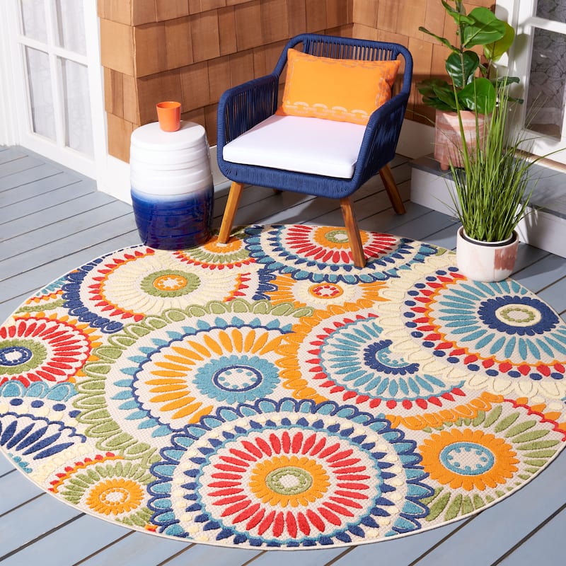 SAFAVIEH Cabana Mrinal Indoor/ Outdoor Waterproof Patio Floral Rug - 8' x 8' Round - Blue/Ivory