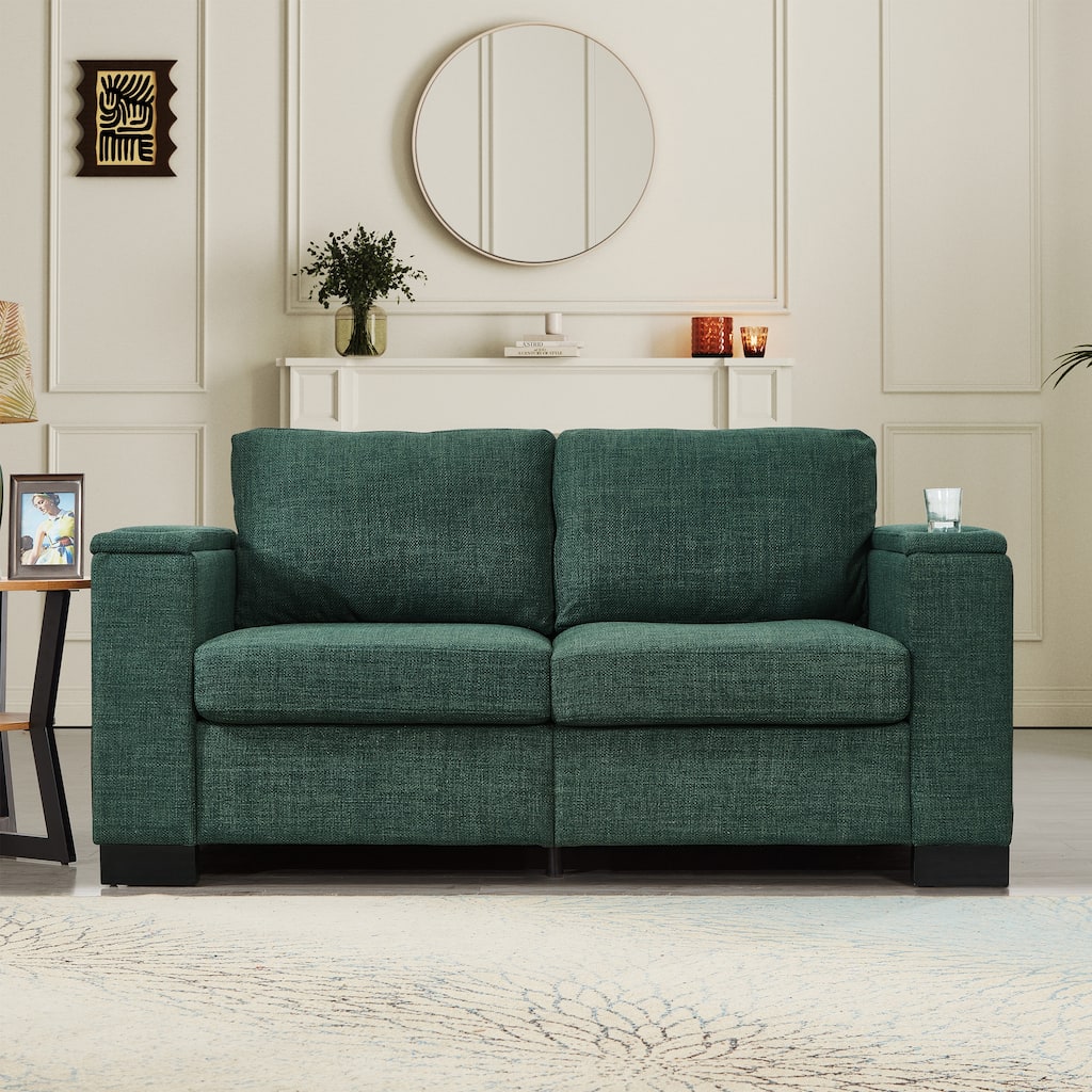 Loveseat 2 Seat Sofa Couch with Cup Holder and Storage, Vintage Sofa Chair with Square Armrests and Wood Frame
