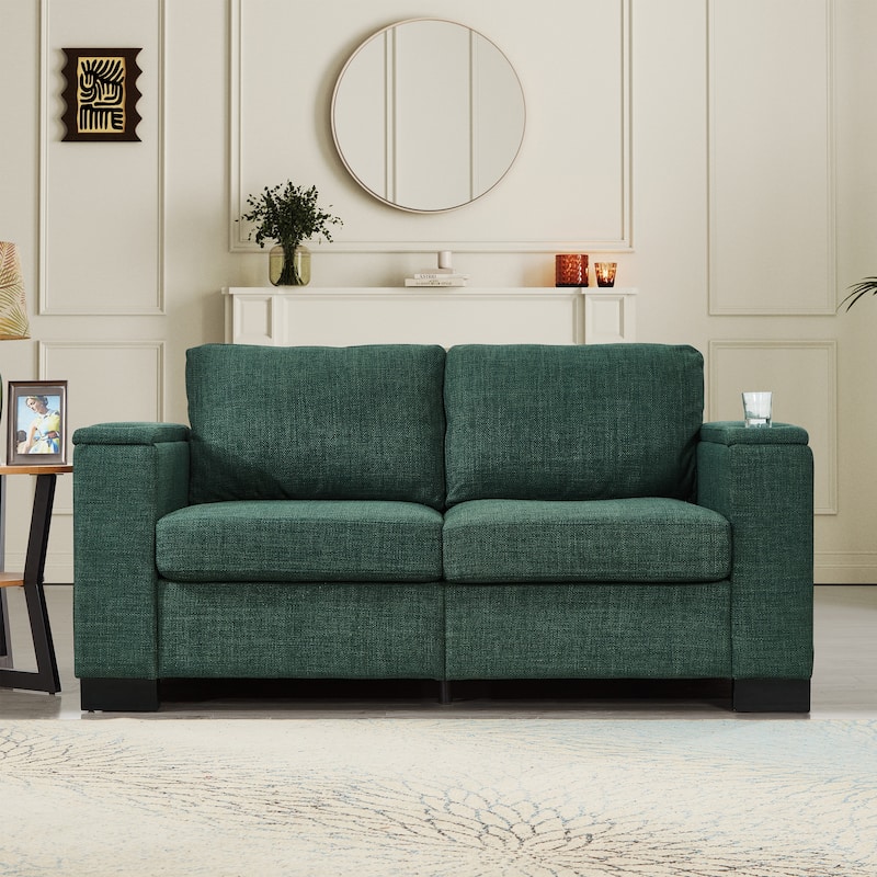 Roomfitters 67.7" Modern Loveseat with Square Armrests, Upholstered Fabric Couch with Cup Holder and Storage for Living Room