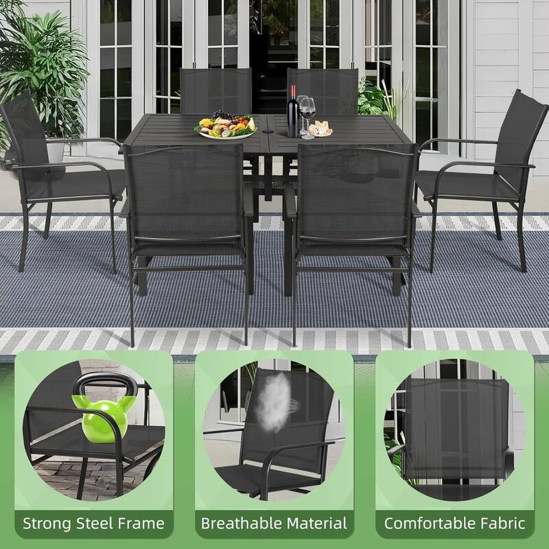 7 Piece Outdoor Patio Metal Dining Set of 6 Textilene Chairs and Rectangle Table with Umbrella Hole