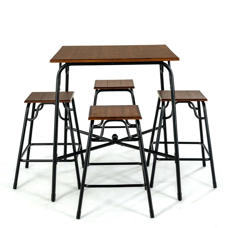 Gymax 5PCS Bar Table Set Counter Height Dining Set w/ 4 Stools Rustic