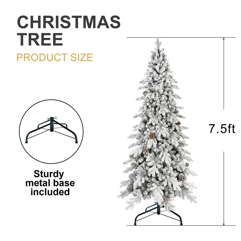 7.5 FT Flocked PE/PVC Christmas Tree with 40 Natural Pine Cones-1424 Tips, Space-Saving Design, Hinged Branches