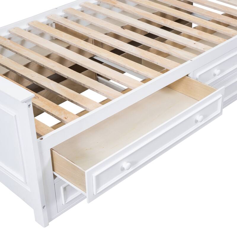 White Twin Size Wood Platform Bed with Vertical All-in-One Cabinet and 4 Drawers on each side