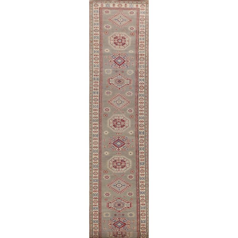 Geometric Kazak Runner Rug Hand-Knotted Grey Wool Carpet - 2'9" x 19'7"