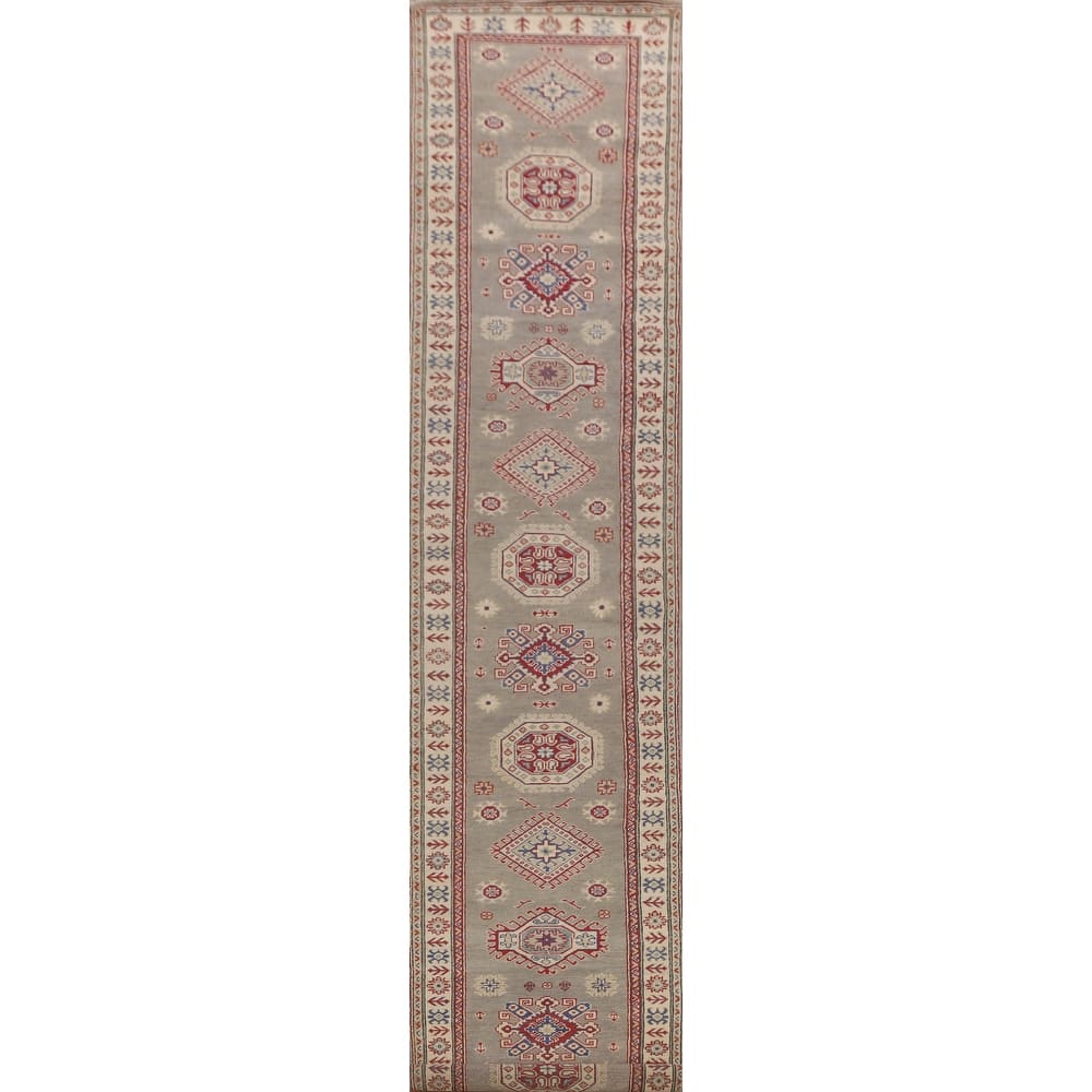 Geometric Kazak Runner Rug Hand-Knotted Grey Wool Carpet - 2'9" x 19'7"