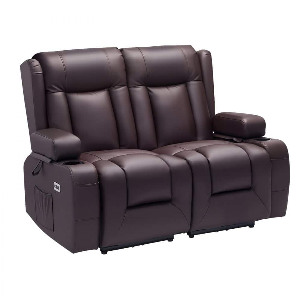 Brown PU Leather Electric Recliner Loveseat with Massage, Heat and USB Ports - 54.5 x 36.2 x 40.9 in