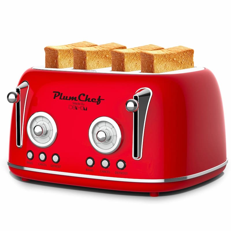4-Slice Retro Style Toaster, Dual Control with Warming Rack, 6 Browning Settings, Bagel/Defrost Functions - Red
