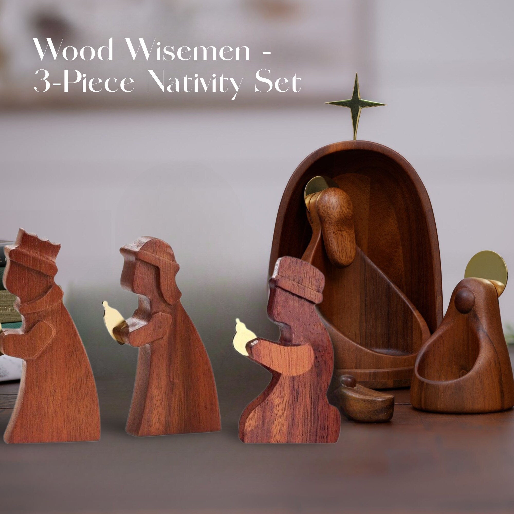 Nambe 3-Piece Acacia Wood Wiseman Nativity Set, Handcrafted Christmas Decoration - Ideal For Religious Holiday Display, Traditional Christmas Scene, Festive Home Décor