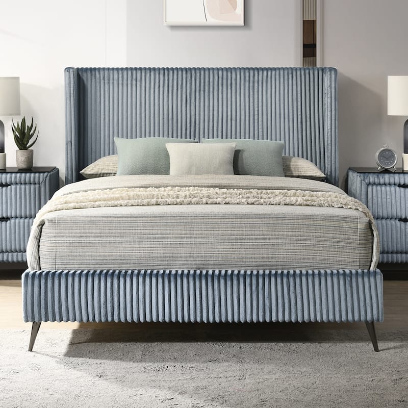 King Size Upholstered Panel Bed with Wide Wale Corduroy Fabric, Elegant Wingback Headboard, Modern Design