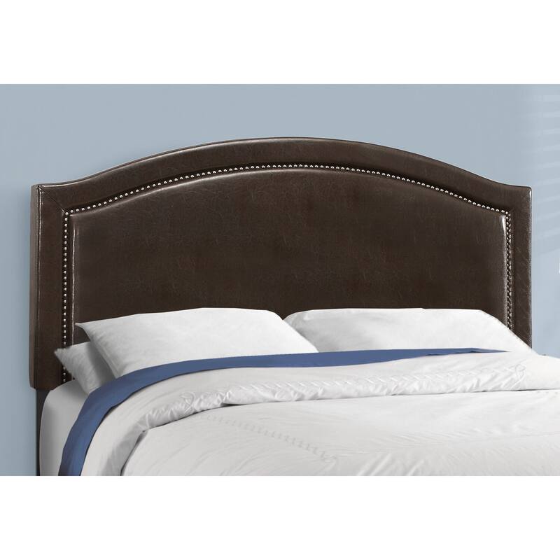 Queen Dark Brown Leather Look Upholstered Bed Frame with Antique Brass Nailhead Trim and Curved Headboard