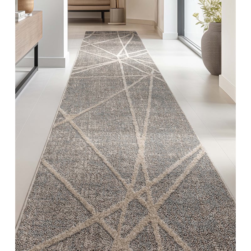 Custom Size Runner Harlow Telas Modern Geometric Lines Soft Stair Rug - 2' 3" x 14' - Grey - Runner
