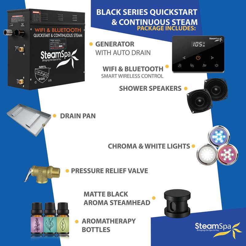 Black Series Steam Bath Generator with Fully Wireless Remote, BLUETOOTH, WIFI, and Auto Drain - 7.5 KW