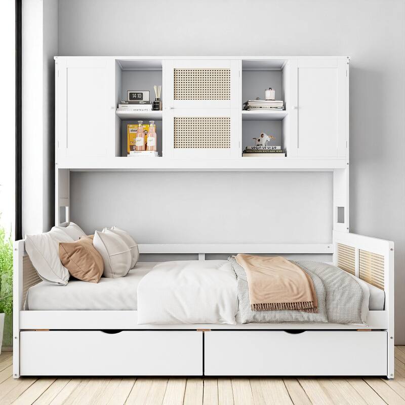 Wooden Twin/Full Daybed with Drawers, All-in-One Cabinet and Shelf Storage, No Box Spring Required - White - Full