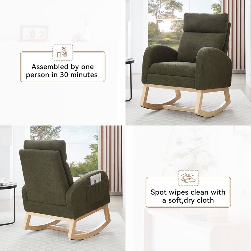 Teddy Fabric Rocking Chair with Adjustable Footstool for Relaxation