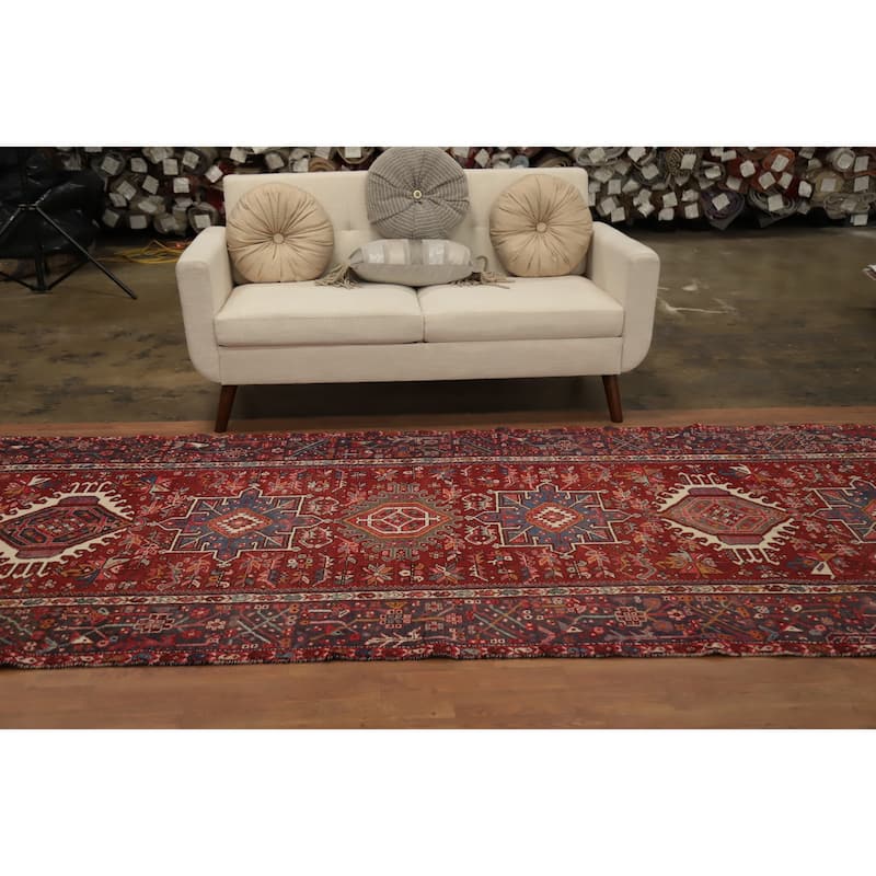 Hand Knotted Oriental 100% Wool Carpet Traditional Geometric Red Gharajeh Area Rug - 12' 11'' X 4' 9''