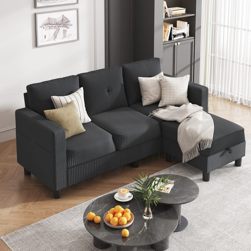 Futzca Modern Living Room Sofa Couch with Movable Ottoman & Extra Storage - DarkGrey