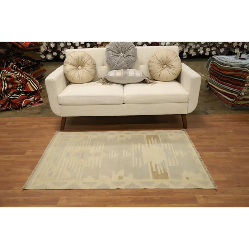 Hand Woven Oriental 100% Wool Carpet Southwestern Tribal Greys & Charcoal Kilim Area Rug - 4' 9'' X 3' 2''