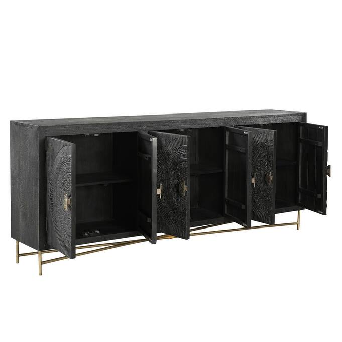 HomeRoots 95" Black Distressed Solid Wood Carved Geometric Sideboard with Six Doors - 95.00 in. x 37.00 in. x 15.50 in.