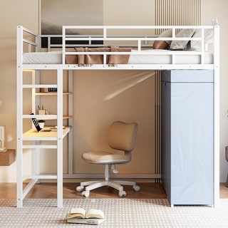 Metal Loft Bed Frame with Desk, Shelves, Power Outlet, LED Light and Fabric Wardrobe, Metal Slat Support