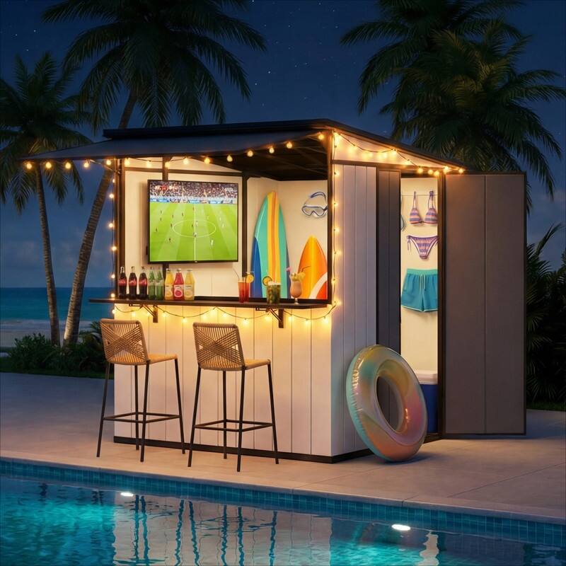 7x6 FT Outdoor Metal Storage Shed, Foldable Bar Counter & Hydraulic Overhang, Lockable Backyard Cabana - 7x6 FT