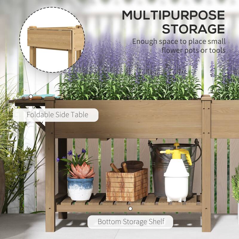 Fir Wood Raised Garden Bed with Bottom Shelf and Moisture-Retaining Liners Foldable Side Table - 81.5" W x 23.2" D x 30.7" H