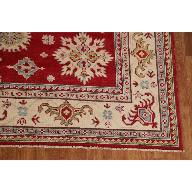 Hand Knotted Oriental 100% Wool Carpet Traditional Geometric Red Kazak Area Rug - 9' 3'' X 8' 5''